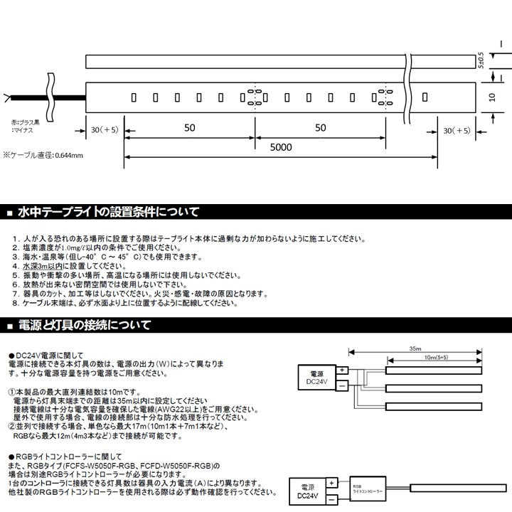 水中用テープライト 拡散タイプ 3000K ケーブル5m付き